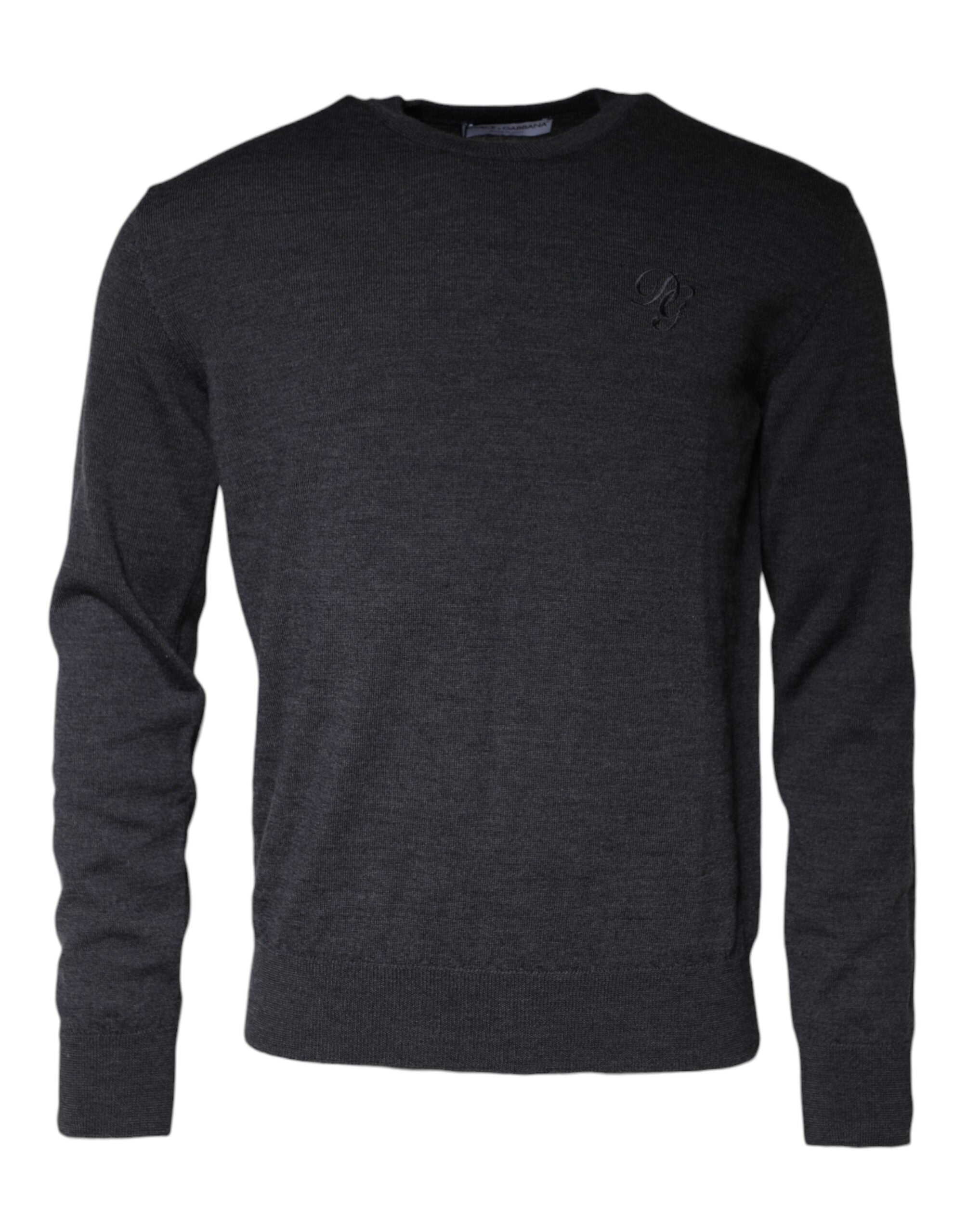 Dark gray wool crew neck pullover sweater by Dolce & Gabbana, featuring a classic fit and textured knit fabric.