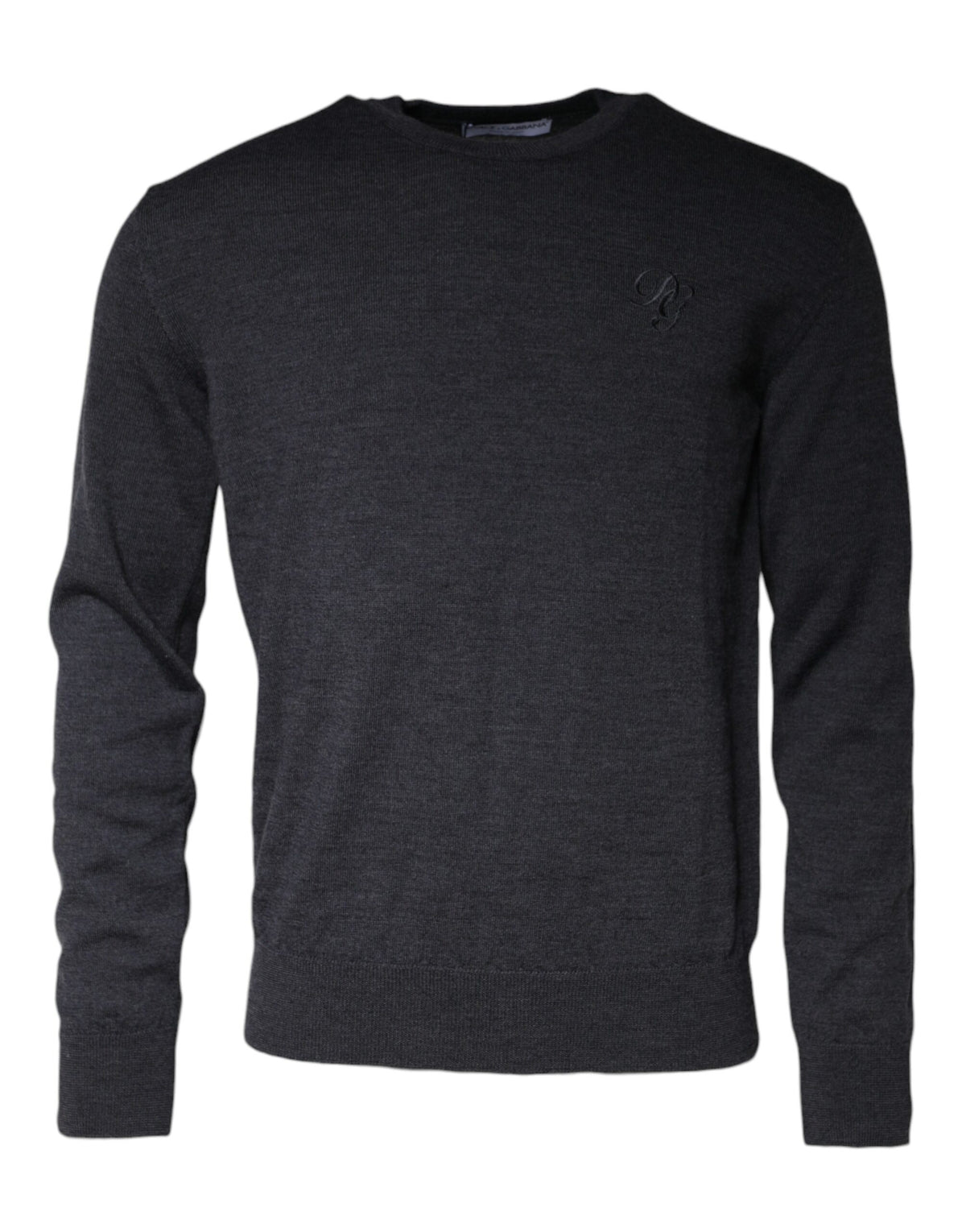 Dark gray wool crew neck pullover sweater by Dolce & Gabbana, featuring a classic fit and textured knit fabric.