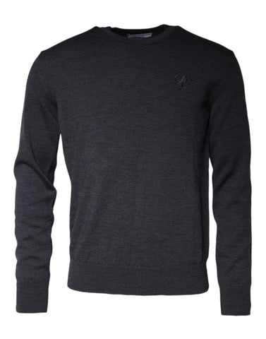Dark gray wool crew neck pullover sweater by Dolce & Gabbana, featuring a classic fit and textured knit fabric.
