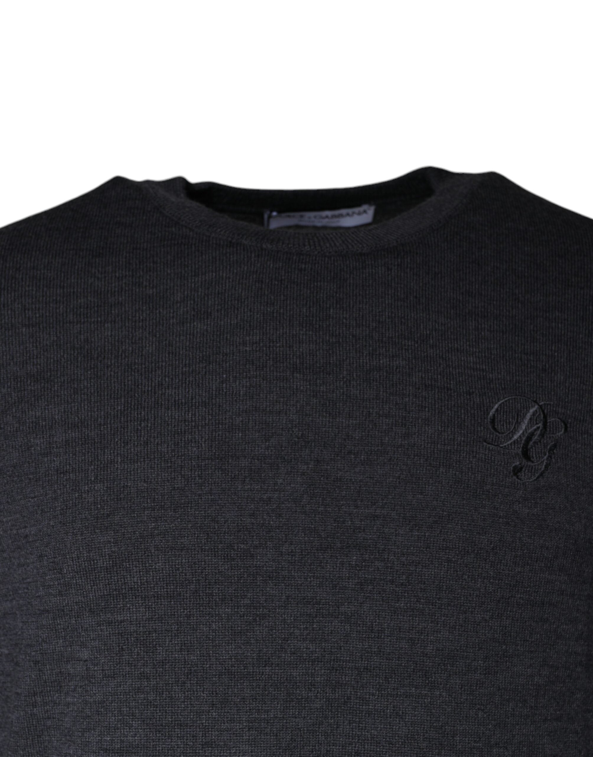 Dark gray wool crew neck sweater by Dolce & Gabbana, close-up of the cozy knit fabric and classic fit.