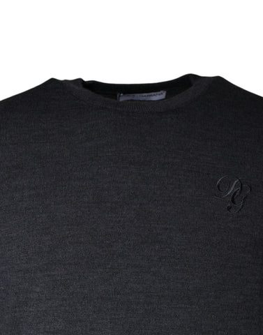 Dark gray wool crew neck sweater by Dolce & Gabbana, close-up of the cozy knit fabric and classic fit.