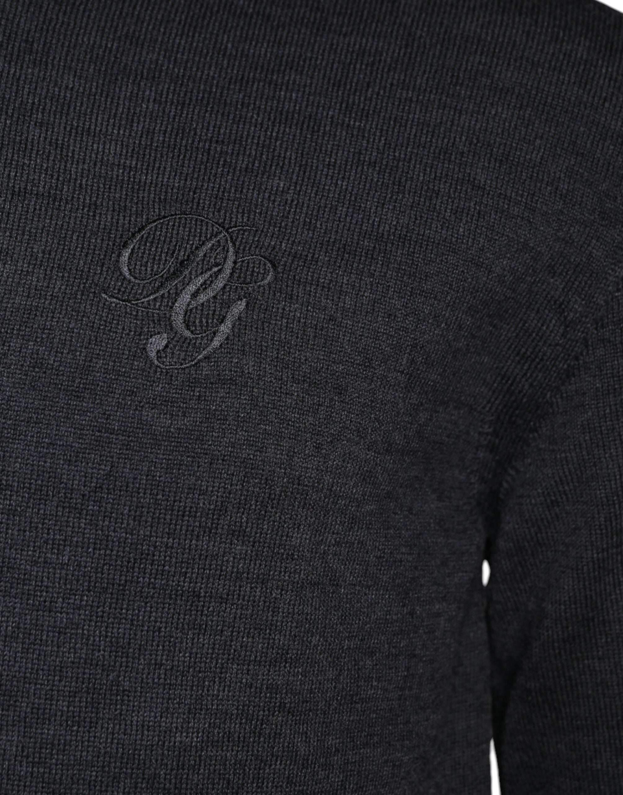 Dark gray wool crew neck pullover sweater by Dolce & Gabbana, showcasing a close-up of the knit fabric and classic fit.