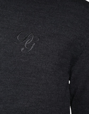 Dark gray wool crew neck pullover sweater by Dolce & Gabbana, showcasing a close-up of the knit fabric and classic fit.