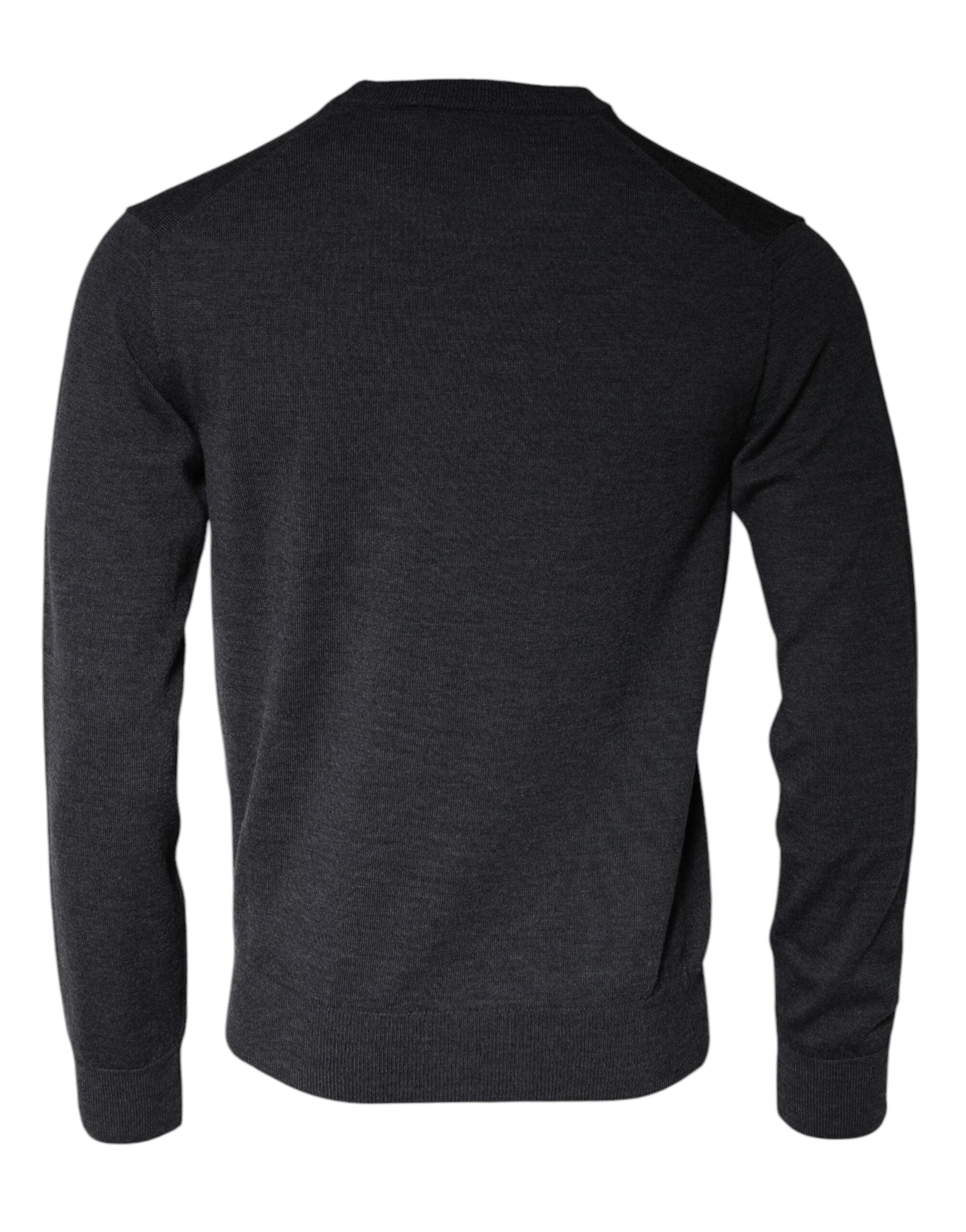 Dark gray wool crew neck pullover sweater by Dolce & Gabbana, showing close-up of textured knit fabric and classic fit.
