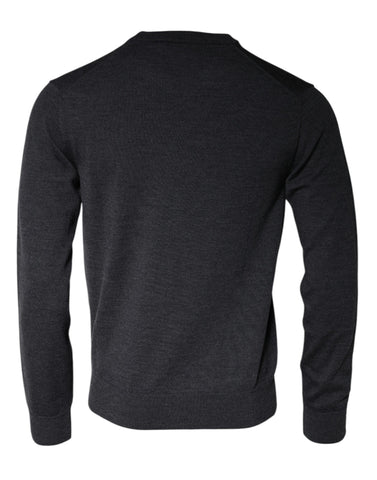 Dark gray wool crew neck pullover sweater by Dolce & Gabbana, showing close-up of textured knit fabric and classic fit.