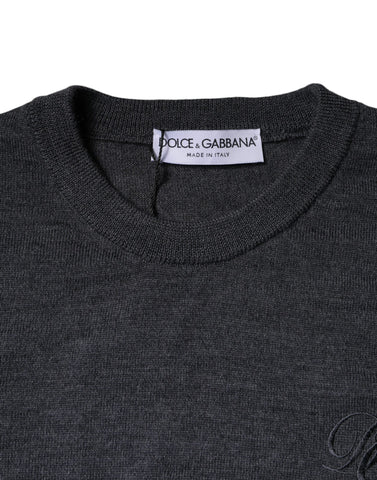 Dark gray wool crew neck sweater by Dolce & Gabbana, close-up of textured knit fabric and classic fit.