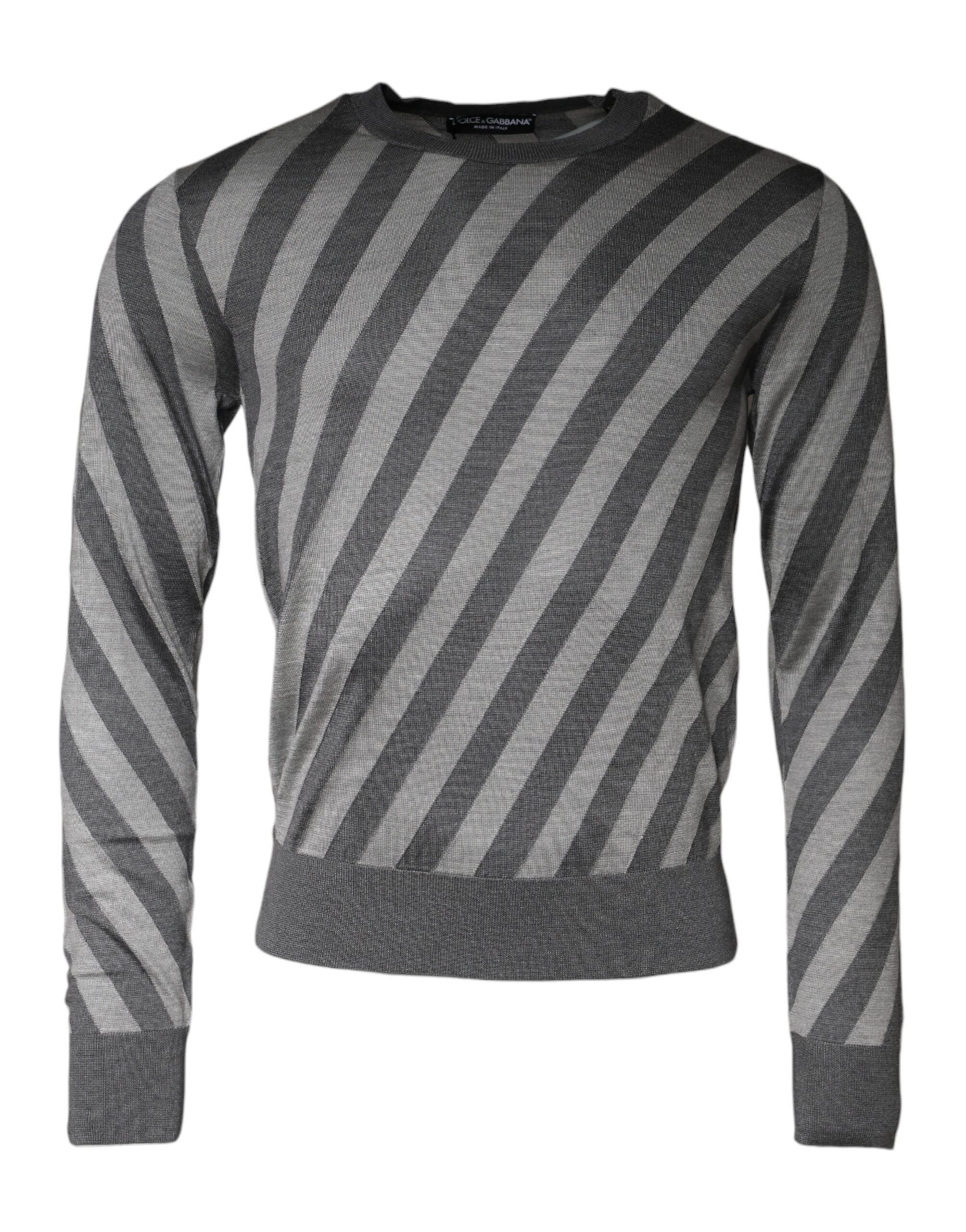 Gray striped long sleeve round neck pullover sweater by Dolce & Gabbana, featuring a classic fit and soft knit fabric.