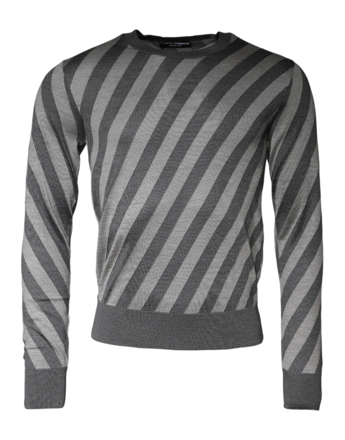 Gray stripes long sleeve round neck pullover sweater by Dolce & Gabbana, showing a close-up of the knit fabric and striped pattern.