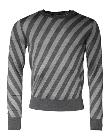 Gray stripes long sleeve round neck pullover sweater by Dolce & Gabbana, showing a close-up of the knit fabric and striped pattern.