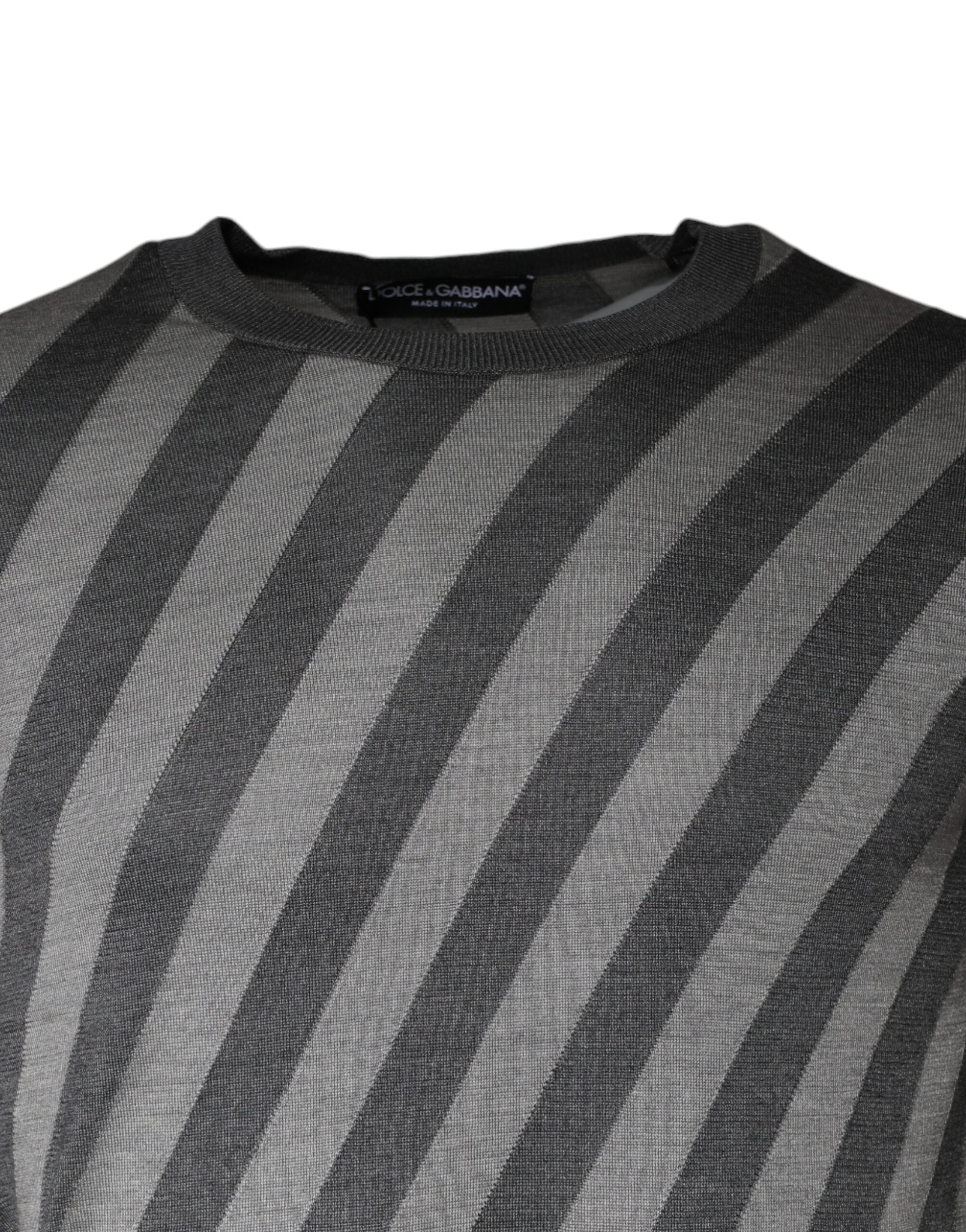 Gray striped long sleeve round neck sweater by Dolce & Gabbana, showcasing a cozy knit pullover with a stylish pattern.