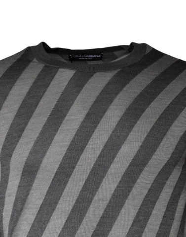 Gray striped long sleeve round neck sweater by Dolce & Gabbana, showcasing a cozy knit pullover with a stylish pattern.