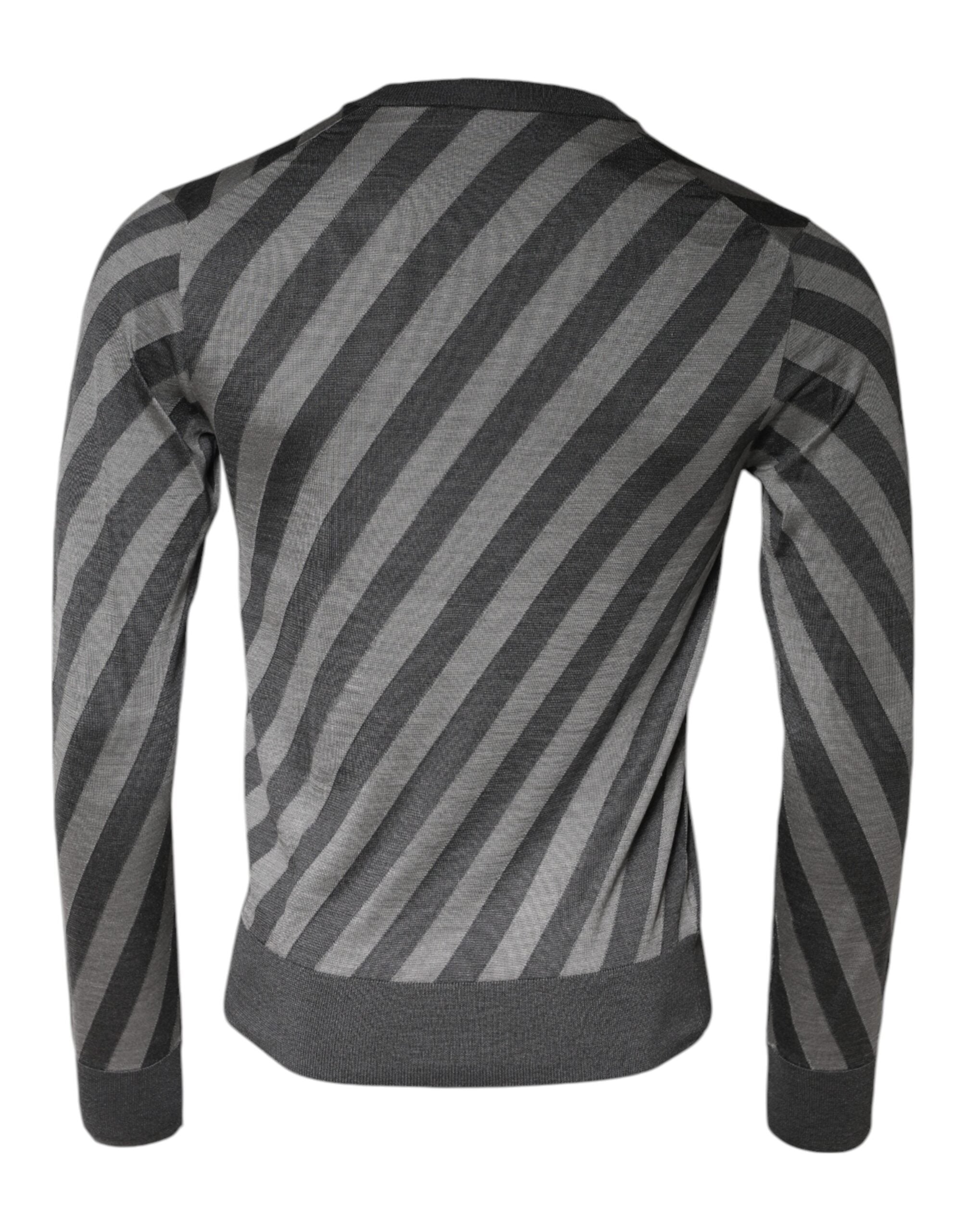 Gray stripes long sleeve round neck pullover sweater by Dolce & Gabbana featuring a cozy knit design.