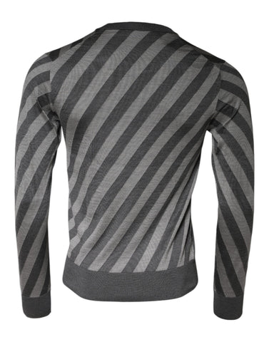 Gray stripes long sleeve round neck pullover sweater by Dolce & Gabbana featuring a cozy knit design.