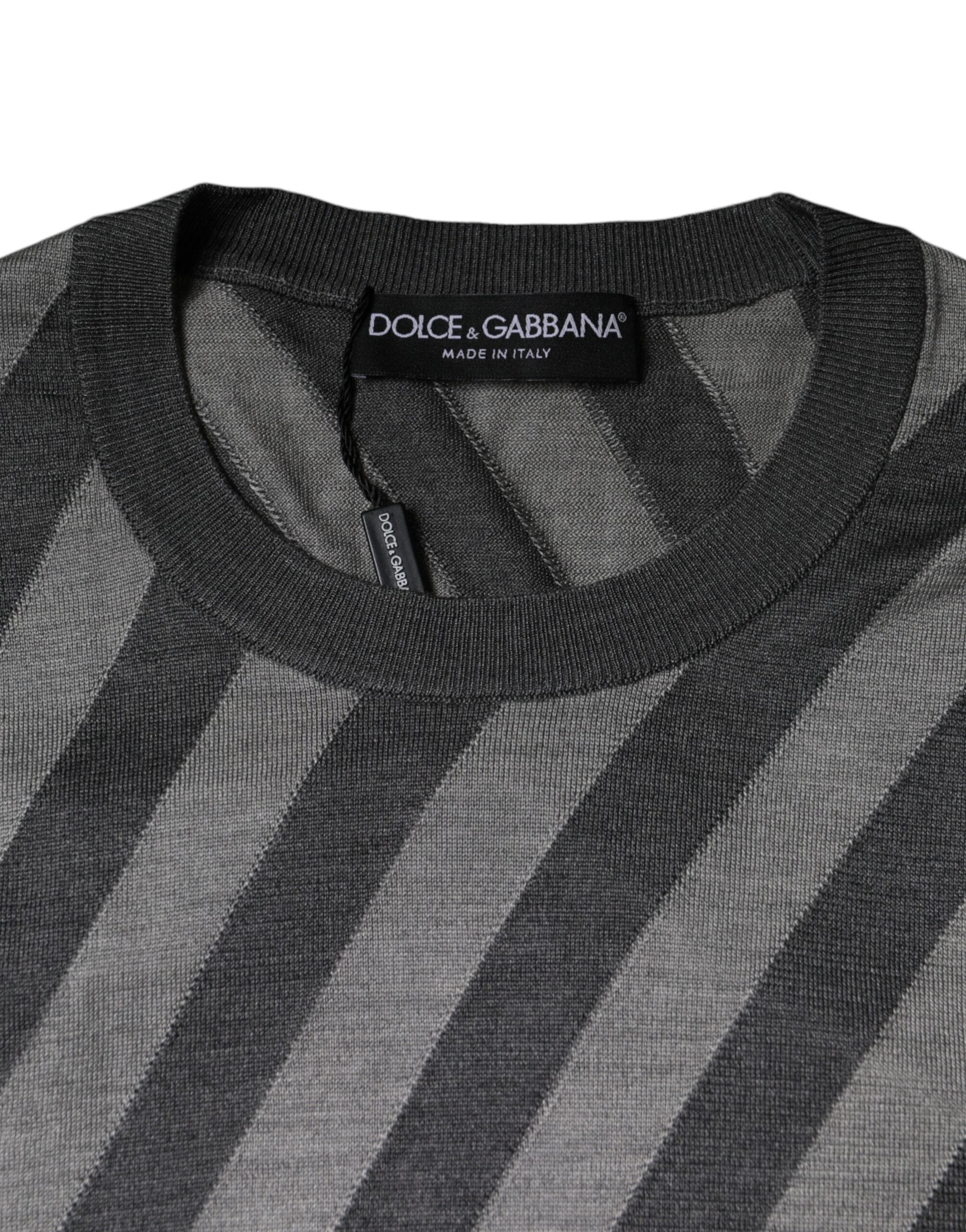 Gray stripes long sleeve round neck pullover sweater by Dolce & Gabbana, showcasing a cozy knit with stylish pattern.