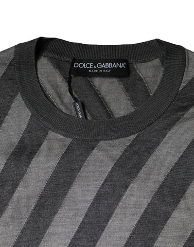 Gray stripes long sleeve round neck pullover sweater by Dolce & Gabbana, showcasing a cozy knit with stylish pattern.