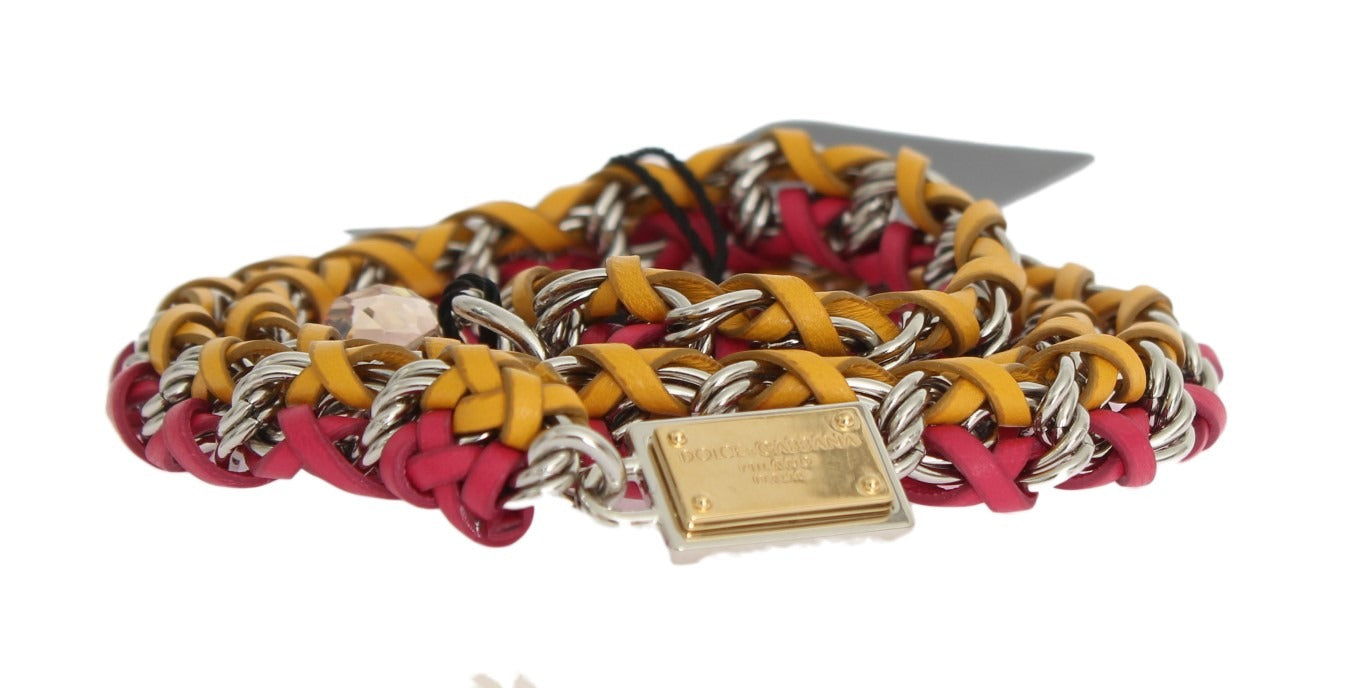 Red and yellow leather crystal belt by Dolce & Gabbana with decorative crystal accents and a sleek buckle design.