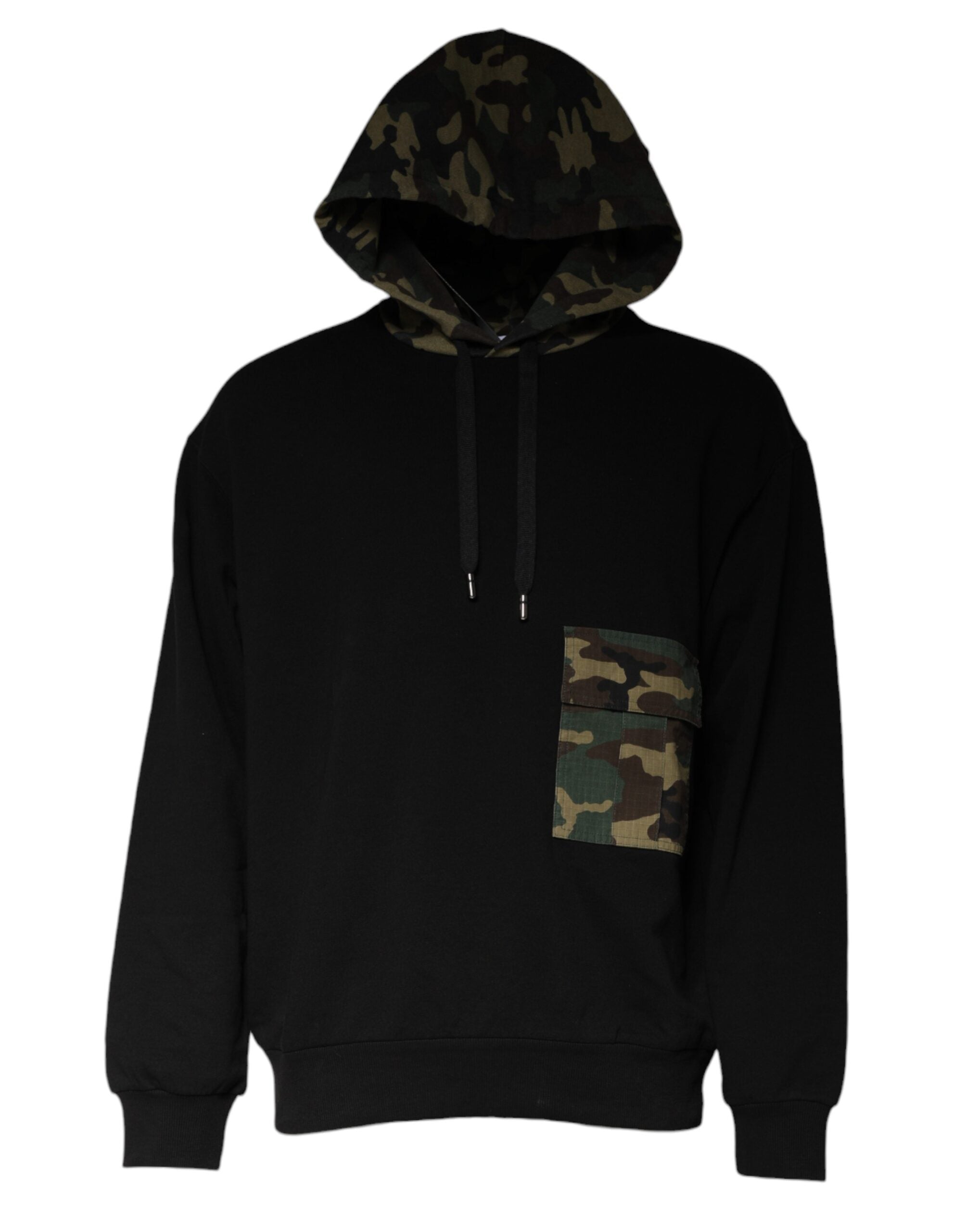 Black camouflage hooded sweatshirt by Dolce & Gabbana, featuring a cozy hood and camouflage pattern, casual sweater for everyday wear.