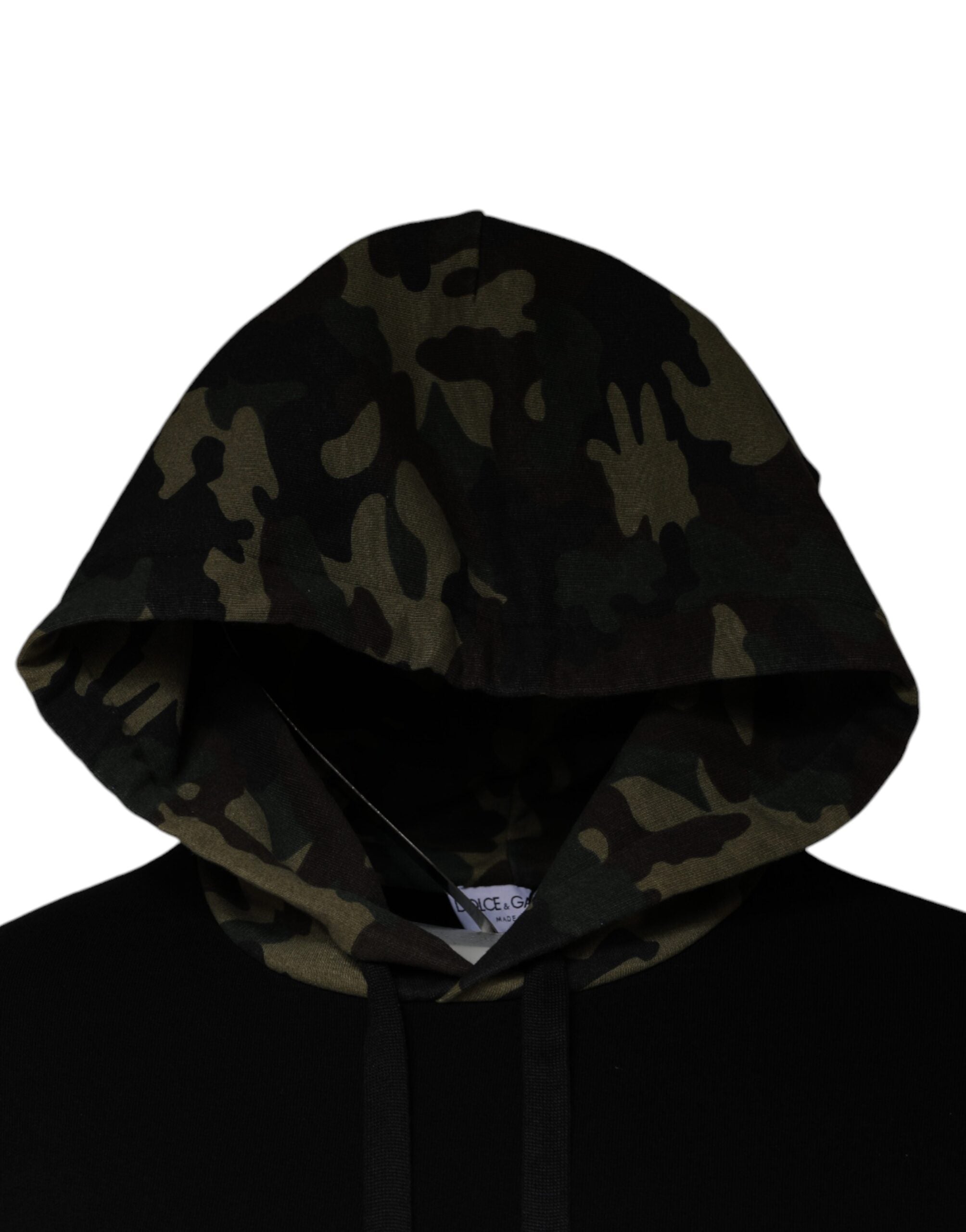 Black camouflage hooded sweatshirt by Dolce & Gabbana, featuring a relaxed fit and front pocket, made from soft, comfortable fabric.