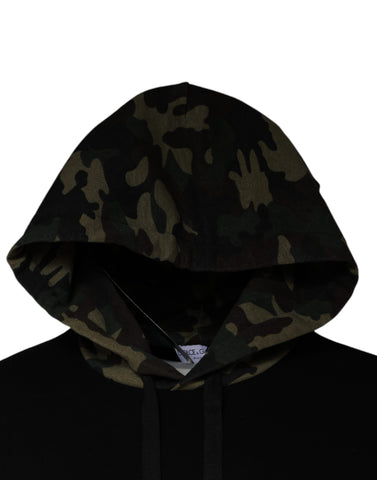 Black camouflage hooded sweatshirt by Dolce & Gabbana, featuring a relaxed fit and front pocket, made from soft, comfortable fabric.