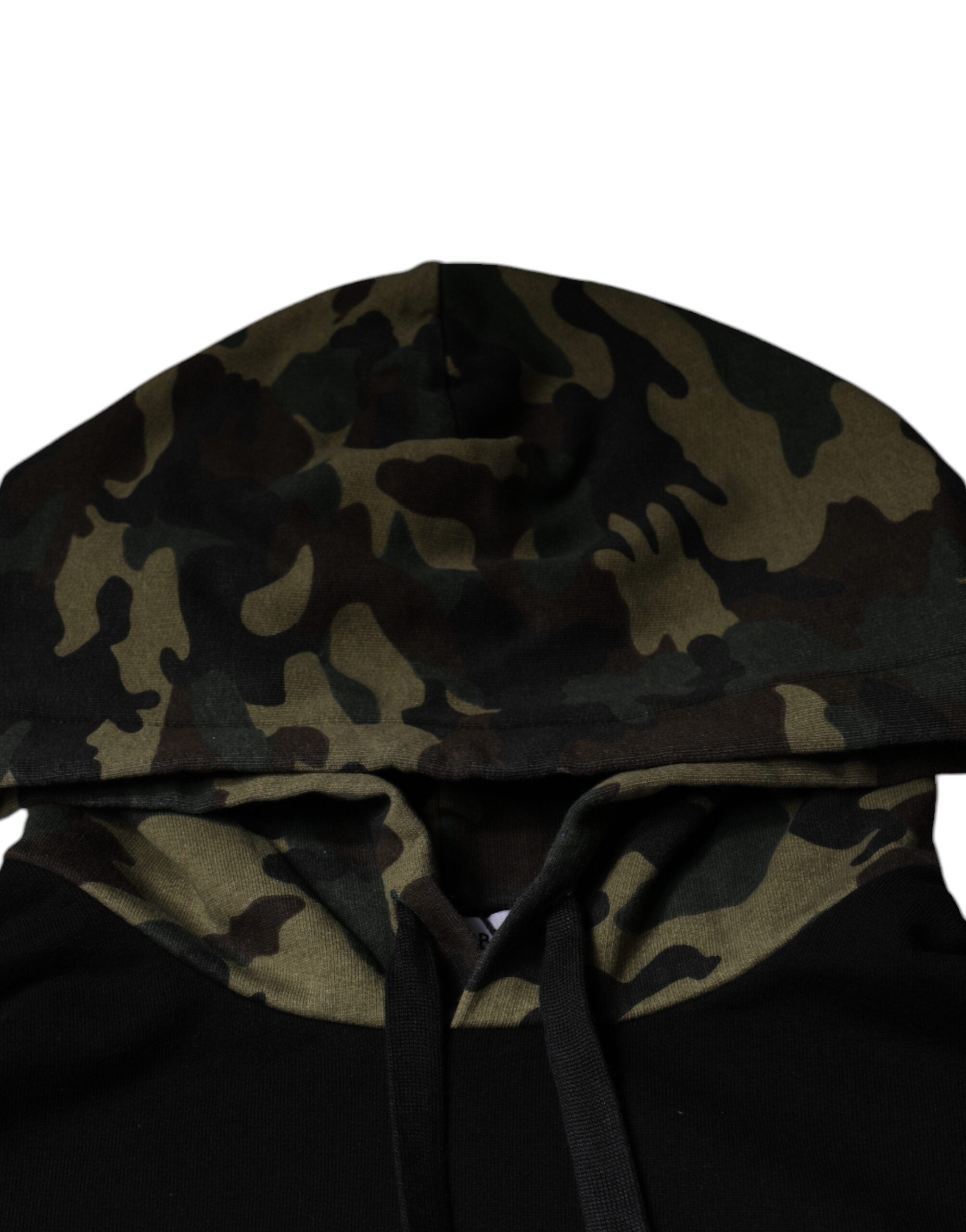 Black camouflage hooded sweatshirt by Dolce & Gabbana, featuring a casual fit and front pocket, displayed on a plain background.