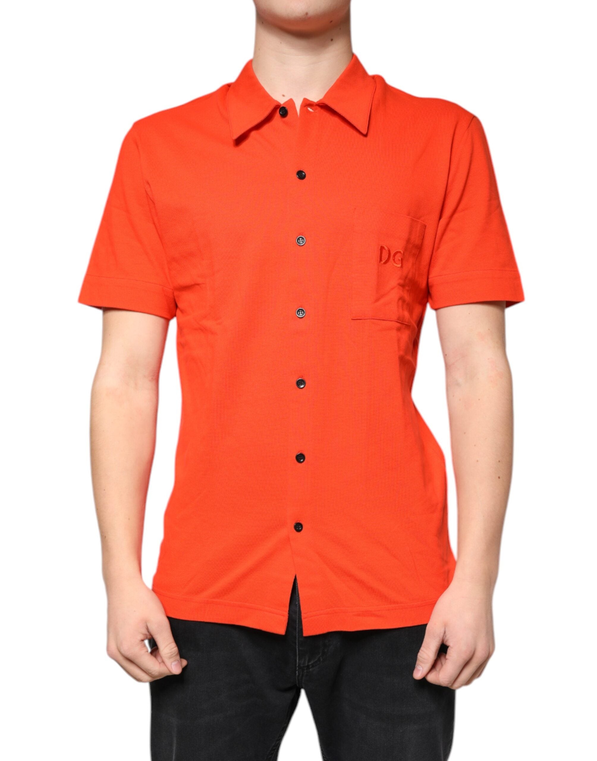 Orange cotton button-down casual polo shirt by Dolce & Gabbana, featuring a classic collar and button placket.