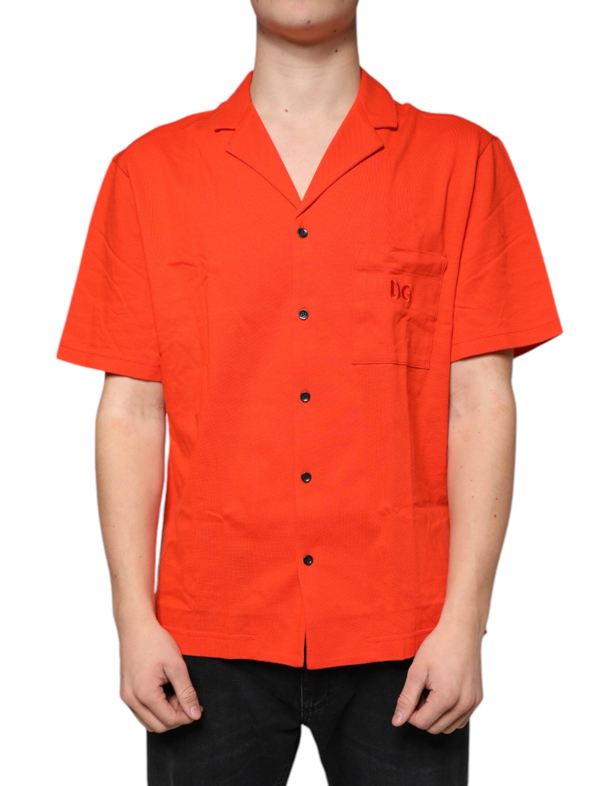 Orange cotton button-down casual polo shirt by Dolce & Gabbana, displayed flat showing collar and front buttons.