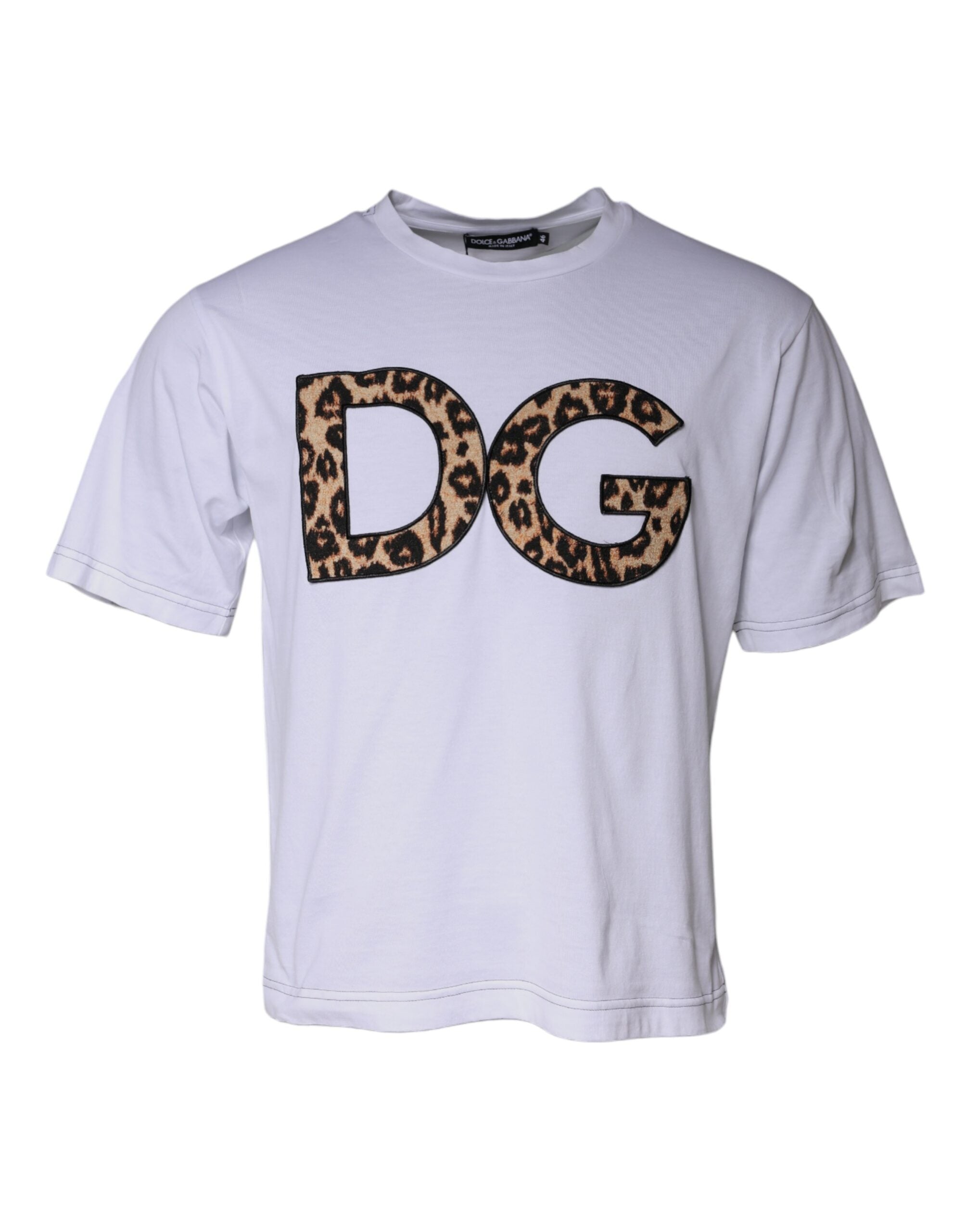 White Dolce & Gabbana cotton shorts sleeves T-shirt with DG logo, casual fit, and soft fabric, displayed on a plain background.