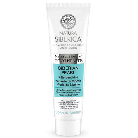 Natural Siberian Toothpaste with Siberian Pearl by Natura Siberica, 100g, featuring herbal ingredients and a white toothpaste tube.