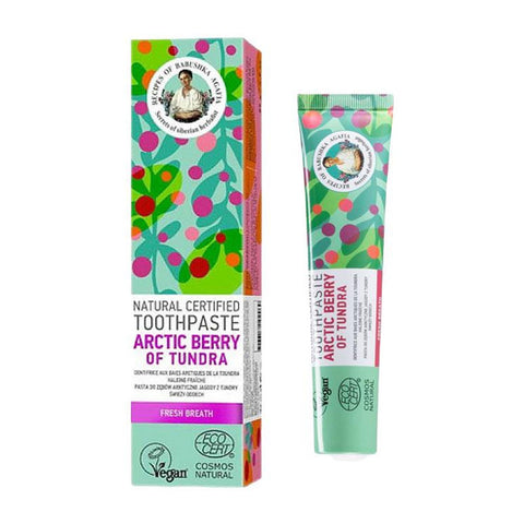 Natura Siberica Agafja Baya Artica toothpaste tube with natural ingredients, in a white packaging, on a plain background.