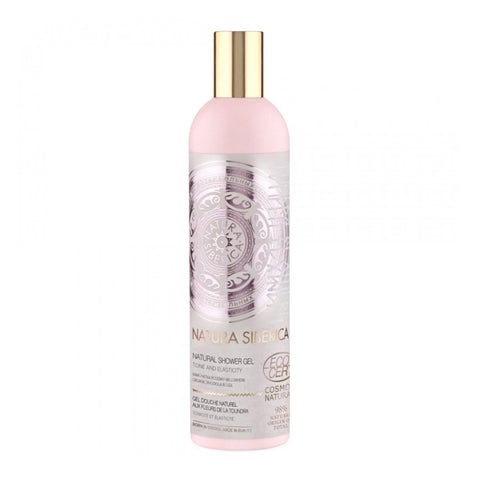 Natura Siberica natural floral gel de baño in a 400ml bottle, with botanical ingredients and herbal floral design.