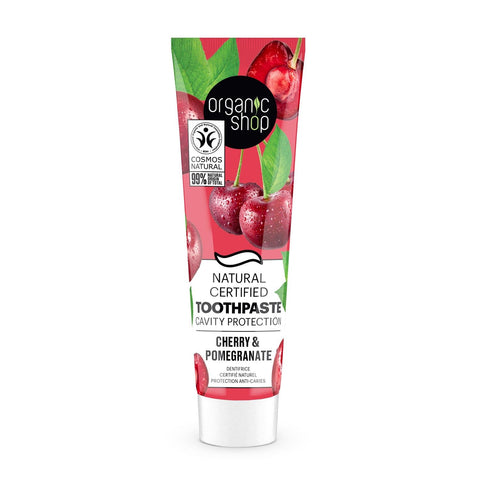 Organic Shop Cherry Dentifrico cavity protection toothpaste by Jag Couture London – New York, 100g tube with cherry flavor and natural ingredients.