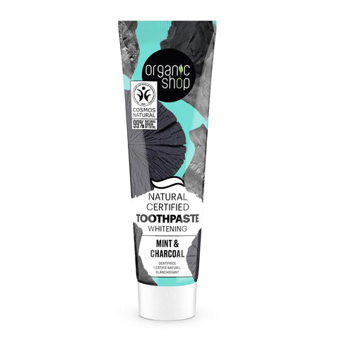 Organic Shop Mint Dentifrico Blanqueador toothpaste by Jag Couture London - New York, 100g, featuring a mint-flavored toothpaste tube.