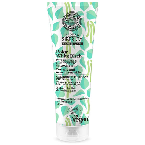 Natura Siberica Purifying and Perfecting Shower Gel 200ml with botanical ingredients, shown next to the product bottle.