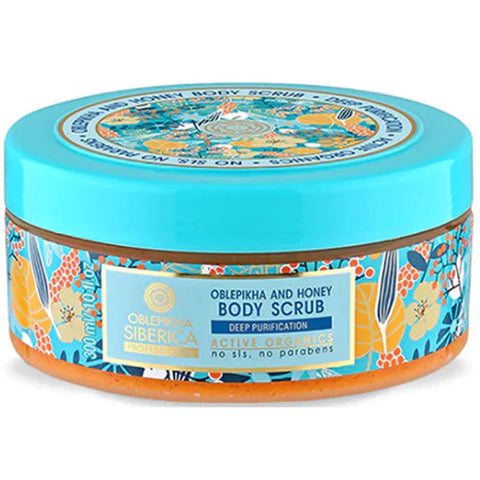 Natura Siberica Oblepikha and Honey Body Scrub in 300ml jar, featuring natural ingredients and textured surface.