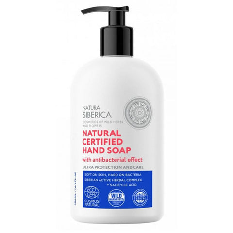 Natural certified hand soap from Natura Siberica in a 500ml bottle, featuring botanical ingredients and a clean, minimalist design.