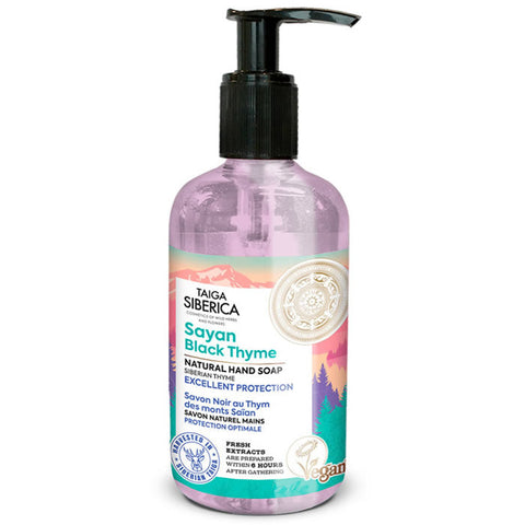 Natura Siberica natural hand soap in 300ml pump bottle, highlighting protection and herbal ingredients for clean hands.