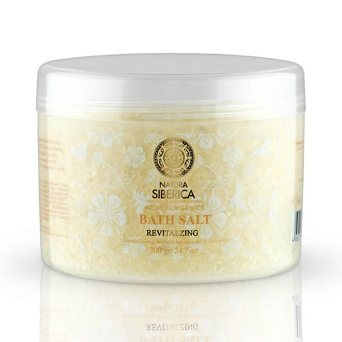 Revitalizing Natura Siberica shower gel in white bottle with blue cap, designed for revitalizing skin, by Jag Couture London New York