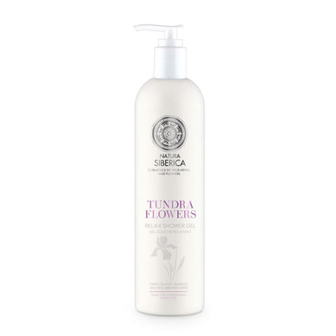 Natura Siberica Tundra Flowers Relax bath gel in 400ml bottle with floral design, natural Siberian botanicals from Jag Couture London.