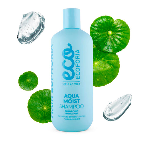 Ecoforia Aqua Moist Champu Hidratante by Jag Couture London, New York, in a 400ml bottle with a sleek design and blue label.