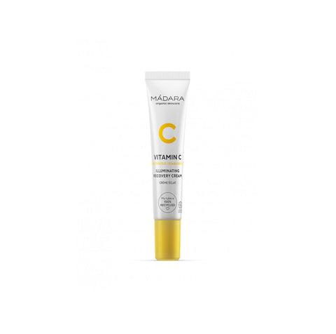 Mádara Vitamin C Illuminating Recovery serum in a 15ml bottle, showcasing vibrant packaging and dropper applicator.