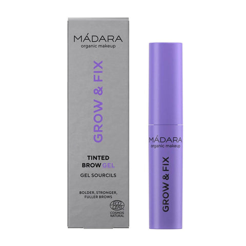 Mádara Madara Grow y Fix tinted brow gel in Frosty Taupe, natural finish, with brush applicator showing on brows.