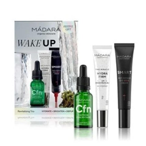 Mádara Wake-Up Revitalizing Trio Pack with skincare products, natural ingredients, and vibrant packaging.