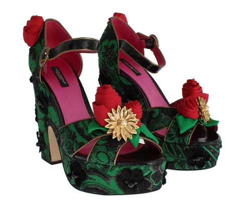 Dolce & Gabbana green brocade snakeskin roses crystal shoes with intricate floral and snake pattern details.