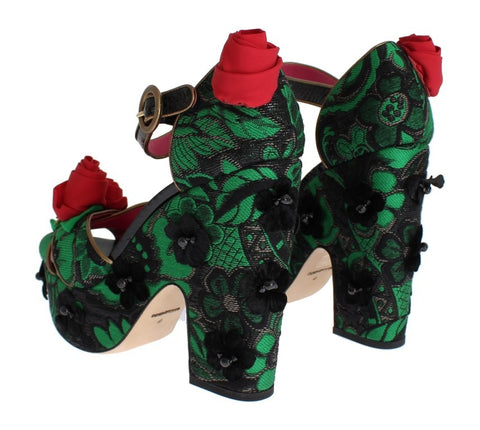 Green brocade snakeskin roses crystal shoes by Dolce & Gabbana with intricate floral and snakeskin details and sparkling crystal accents.