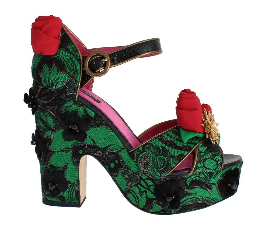 Green brocade snakeskin roses crystal shoes by Dolce & Gabbana with intricate floral embroidery and sparkling crystal accents.