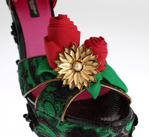 Green brocade snakeskin roses Dolce & Gabbana crystal shoes with intricate floral details and sparkling embellishments.