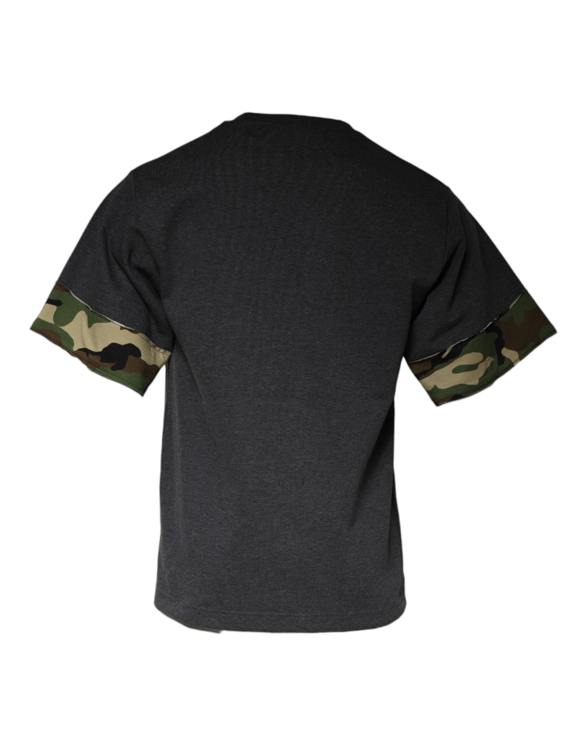 Dark gray camouflage crew neck T-shirt by Dolce & Gabbana displayed on a hanger, showing the camo pattern and classic fit.