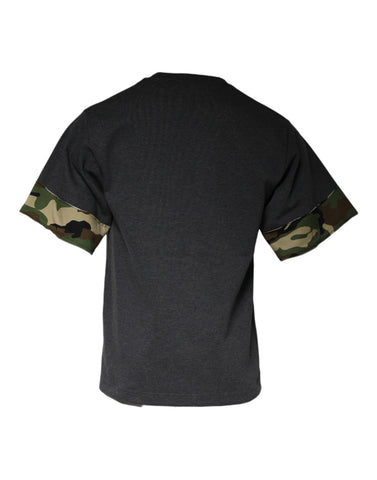Dark gray camouflage crew neck T-shirt by Dolce & Gabbana displayed on a hanger, showing the camo pattern and classic fit.