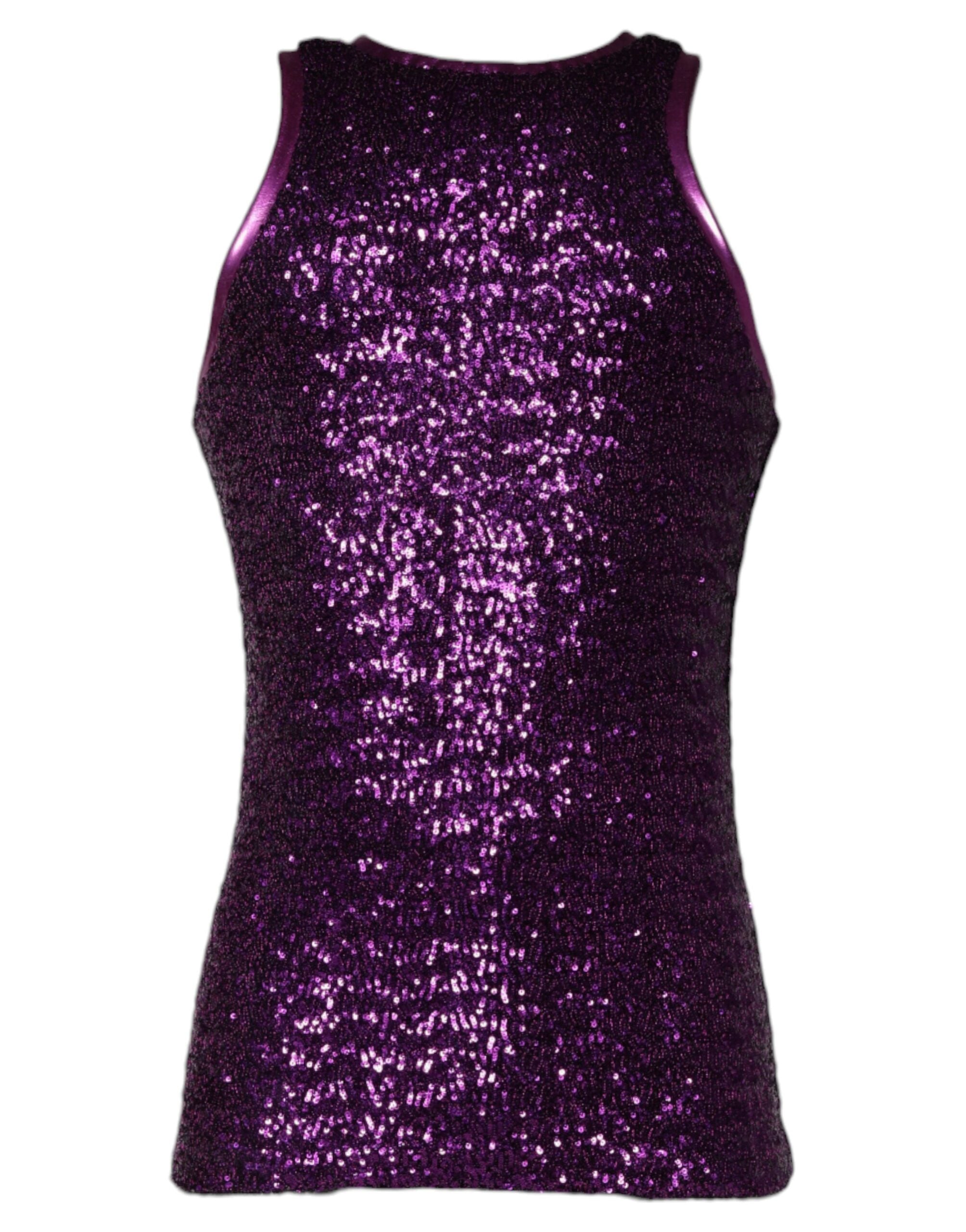 Purple sequin sleeveless T-shirt with round neck by Dolce & Gabbana, featuring shimmering sequins and casual fit.