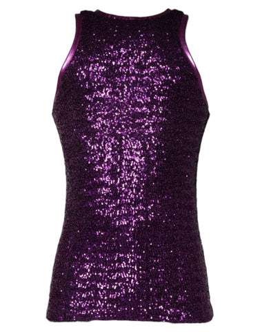 Purple sequin sleeveless T-shirt with round neck by Dolce & Gabbana, featuring shimmering sequins and casual fit.